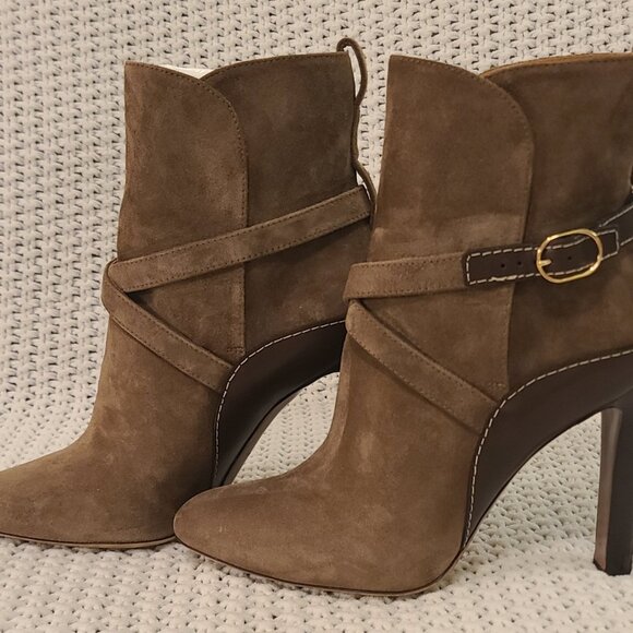 Ralph Lauren Purple Label Jensynn Calf-Suede Tan Heeled Bootie - Picture 2 of 11